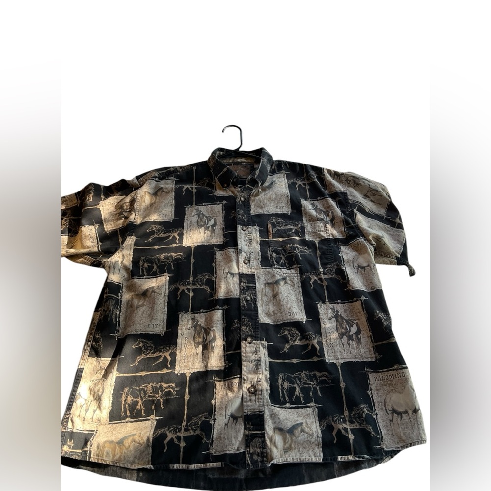 vintage-style button-up shirt featuring an all-over equestrian-themed print.